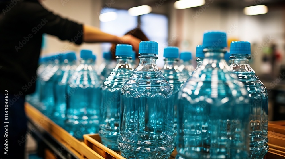 Poster rows of water bottles being capped and labeled on a conveyor belt in an efficient industrial product
