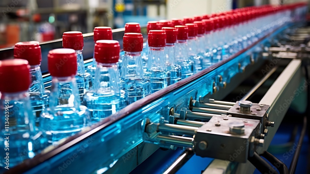 Poster close up view of an automated bottle filling process where water is being poured into bottles moving