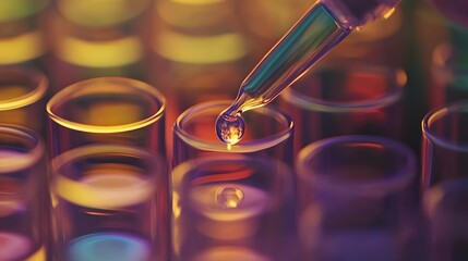 Close-up of a pipette dropping liquid into a test tube among others filled with colorful liquids.