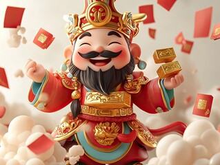 Joyful God of Fortune Chinese New Year 3D Render Gold Ingots Red Envelopes Festive Celebration