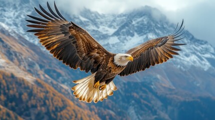 A majestic eagle soaring over snow-capped mountains, showcasing nature's beauty.