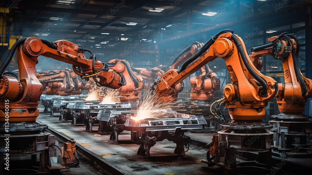 Aufkleber automated industrial robots applying zinc coating to metal surfaces in a modern factory setting show