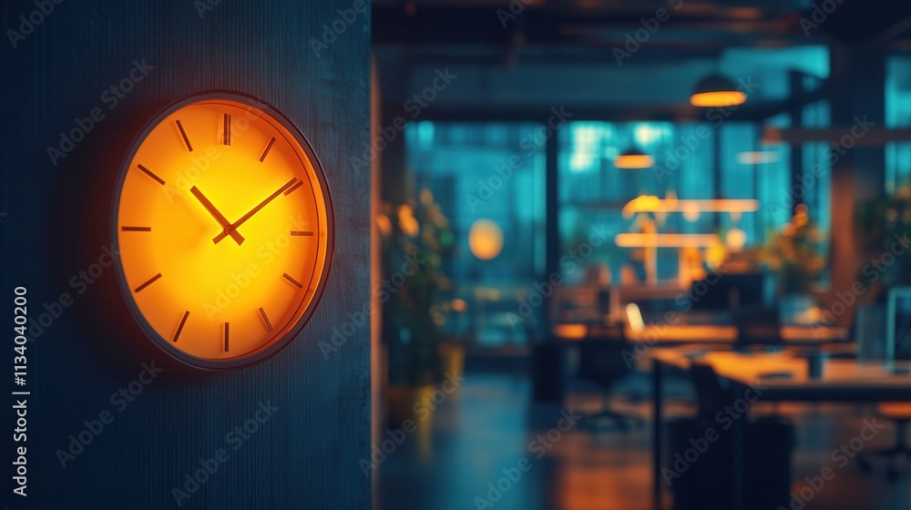 Poster office clock displaying time in modern workspace evening lighting professional environment indoor vi