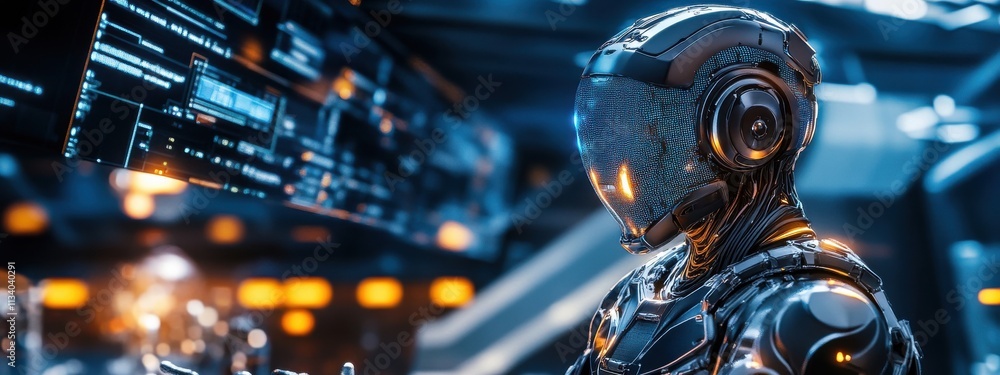 Poster futuristic cybernetic robot in a high-tech control room, engaged with advanced digital interfaces an