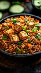 Fototapeta premium A vibrant dish of fried rice with tofu, vegetables, and garnished with green onions.