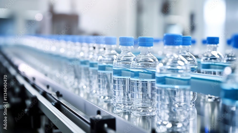 Poster efficient and automated bottled water production line with clear plastic bottles being filled and se