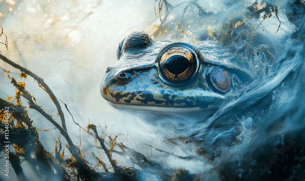 Poster a close-up of a frog partially submerged in water with a mystical atmosphere.