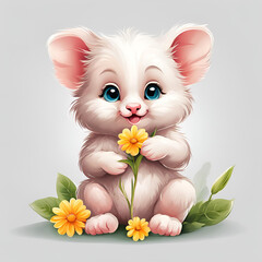 A cute cartoon mouse with fluffy white fur and big blue eyes, holding a yellow flower, surrounded by green leaves, perfect for children's illustrations and whimsical designs.
