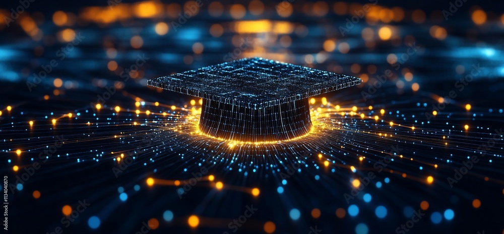 Poster a digital graduation cap surrounded by glowing data points and connections.