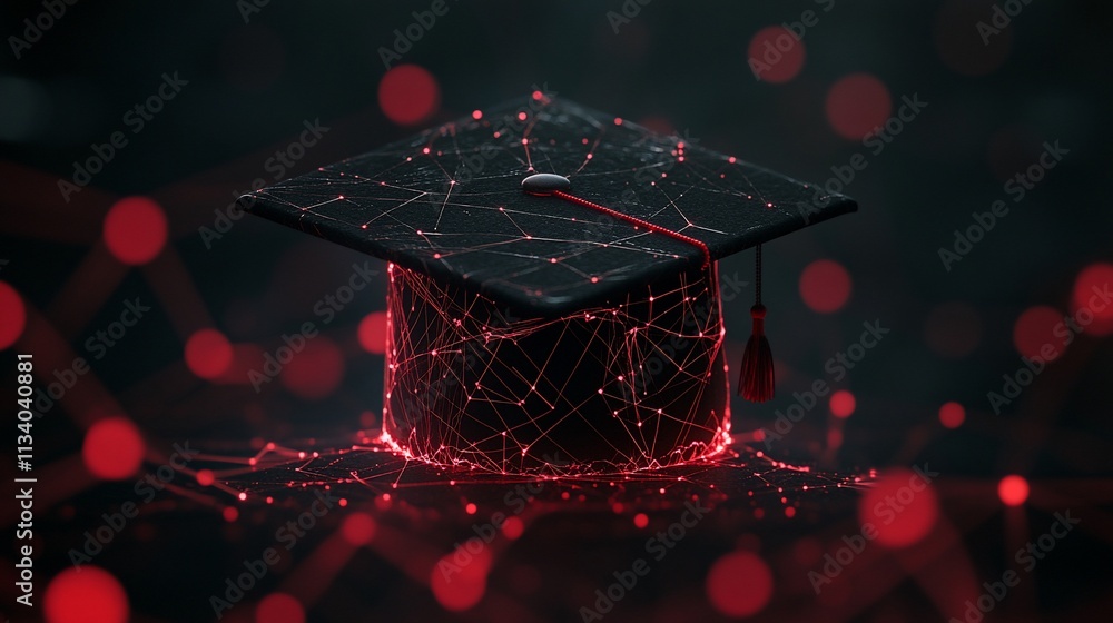 Poster a digital graduation cap illuminated by red connections and nodes.