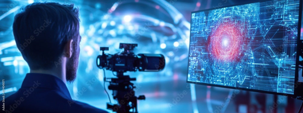 Aufkleber professional male videographer analyzing advanced digital data visualization on modern computer scre