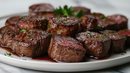 A plate of beef cut into small pieces, with the grain of the meat clearly visible, on a marble table top background.