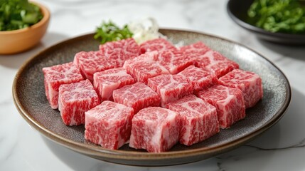 A plate of beef cut into small pieces, with the grain of the meat clearly visible, on a marble table top background.