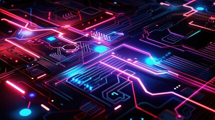 Futuristic Circuit Board with Neon Lights