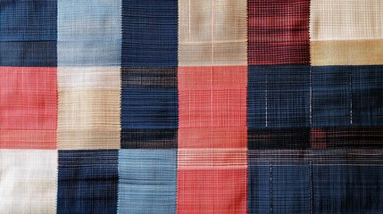 A woven fabric design with a checkered pattern, focusing on the arrangement of horizontal and vertical threads creating the structure