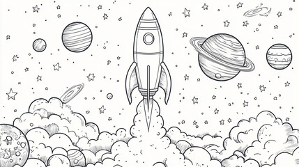 A rocket blasting off into space, surrounded by stars, planets, and clouds of smoke, designed with bold, thick outlines for a space-themed coloring book