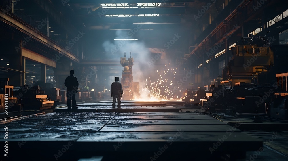 Poster industrial workers closely monitoring the of large steel rolling machines in a modern highly automat