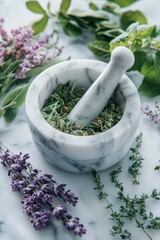 Marble mortar with herbs