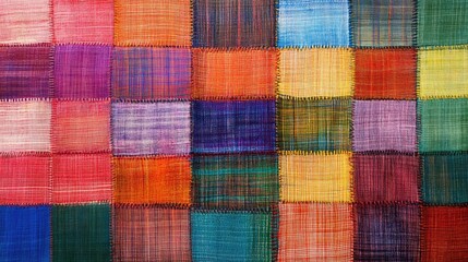 A woven fabric design with a checkered pattern, focusing on the arrangement of horizontal and vertical threads creating the structure