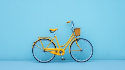 Obraz premium Vintage yellow bicycle against a light blue wall.