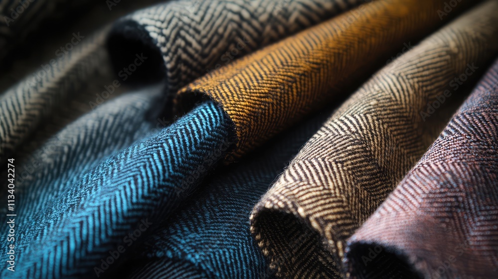 Poster a woven fabric textile with a herringbone pattern, showcasing the detailed arrangement of diagonal t