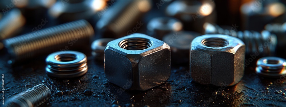 Poster exploring metal fasteners workshop setting macro photography industrial environment close-up viewpoi