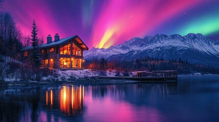 Fototapeta premium Night landscape with lake, A beautiful cabin with a dock overlooking the water. The colorful aurora borealis in the sky, stunning landscape background photography. Beautiful natural vibrant colors.