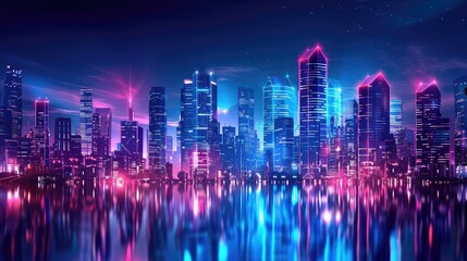 Obraz premium Futuristic Neon Cityscape with Reflective Waters