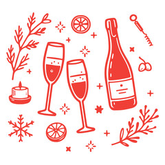 Festive champagne bottle and glasses with holiday elements like snowflakes, branches, and candles in a minimalist red design. Christmas red vector illustration on white background