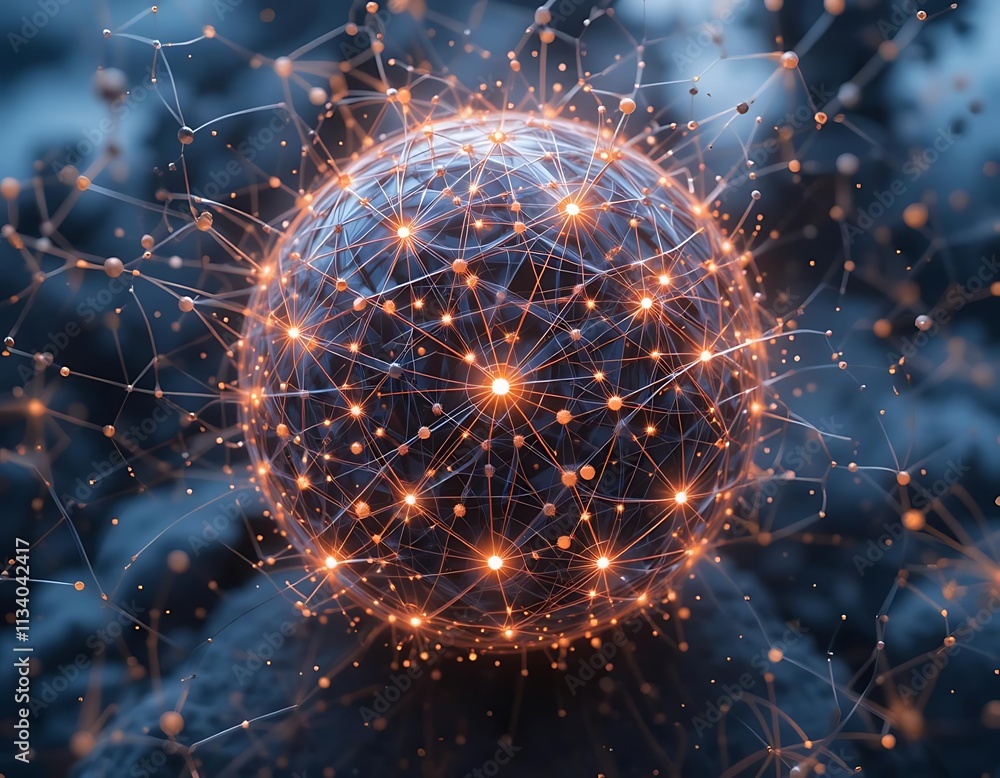 Poster a glowing sphere of interconnected points and glowing nodes