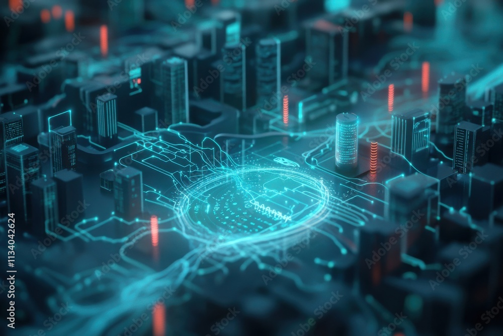 Aufkleber aerial view of a futuristic cityscape with luminous circuit patterns and digital elements depicting 