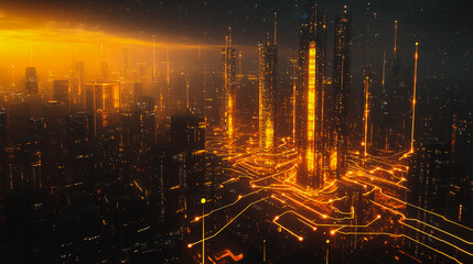 Smart digital Innovation city with connection network reciprocity over the cityscape. of future smart wireless digital city and social media networking systems that connects people with in city