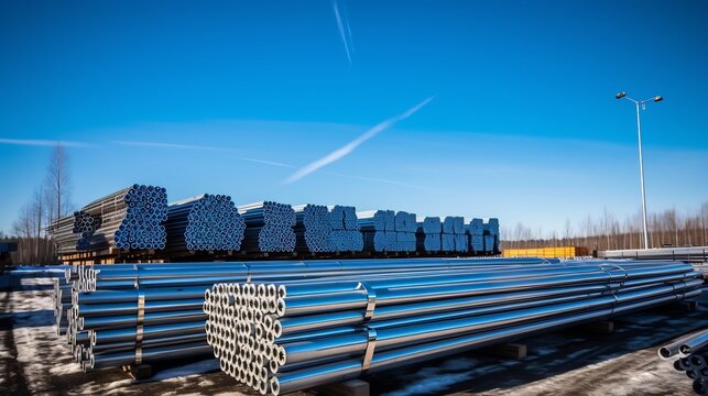 Stacks of metal steel pipes neatly arranged in an open industrial yard ready for delivery and transportation to construction sites or manufacturing facilities