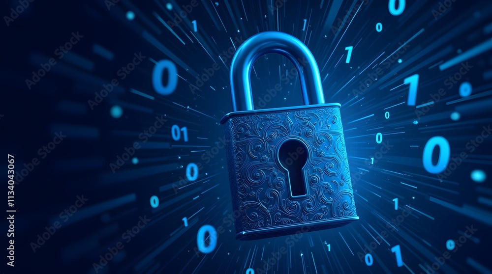 Poster digital fortress: a secure, ornate lock shielding data streams in a cyber world.