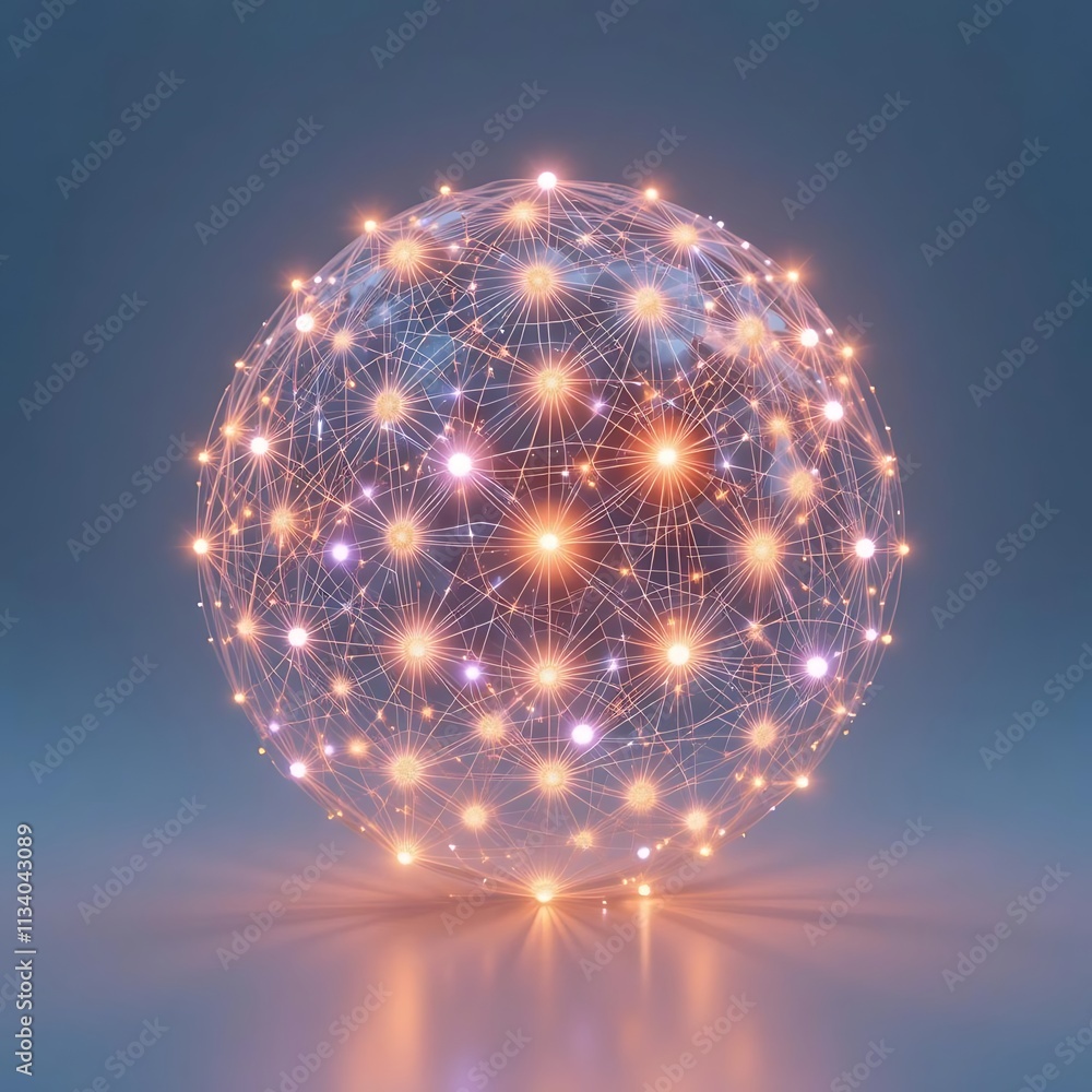 Poster a glowing sphere of interconnected points and glowing nodes