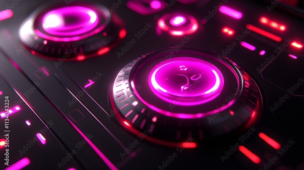 Poster close-up of futuristic control panel with glowing pink buttons and dials.