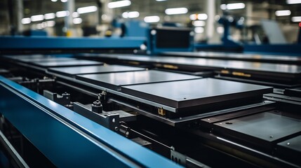Detailed view of a precision manufacturing line with steel components and machinery being assembled and constructed for industrial production and engineering processes