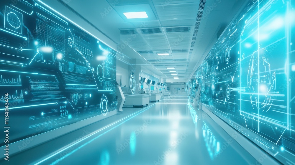 Poster futuristic high-tech corridor with digital displays and advanced technology interface in modern rese