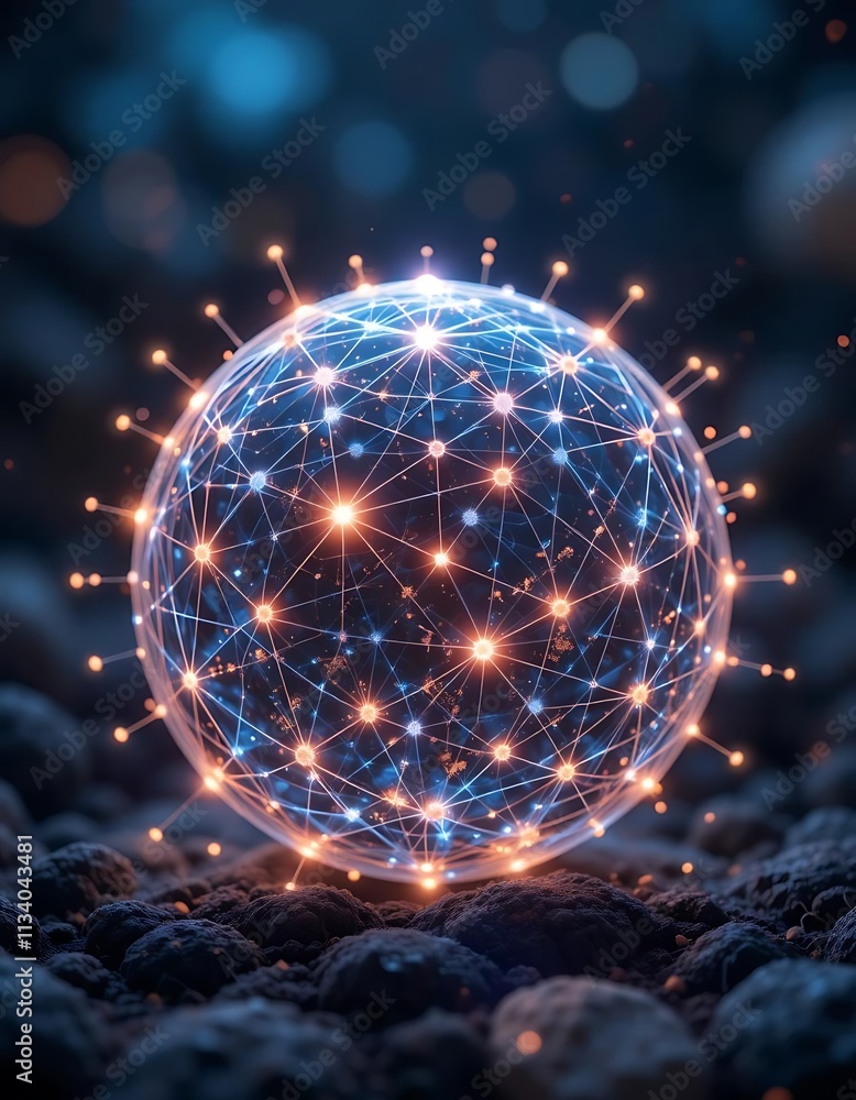 Poster a glowing sphere of interconnected points and glowing nodes