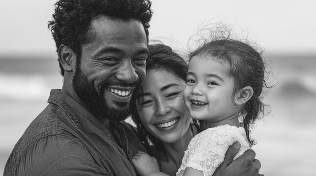Monochrome of Happy multiethnic family in the beach