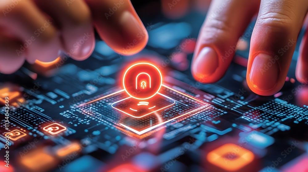 Poster close-up of hands interacting with a glowing unlock symbol on a circuit board, representing digital 