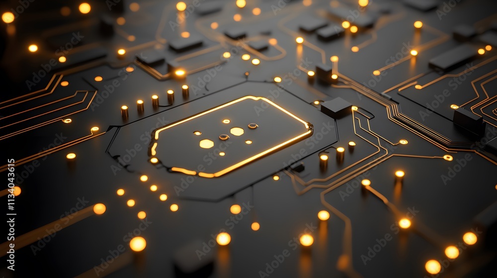 Poster close-up of illuminated central processing unit on a dark circuit board.