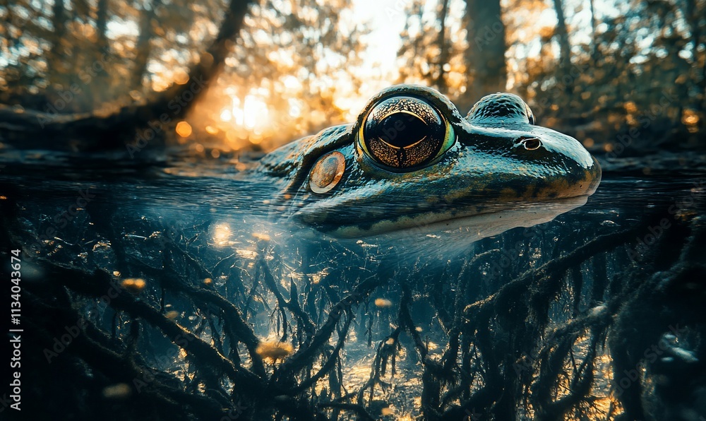 Aufkleber A frog partially submerged in water, surrounded by roots and a forest backdrop.