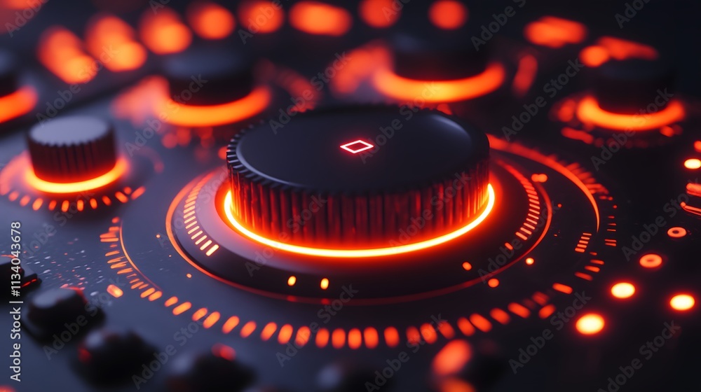 Poster close-up of illuminated control knobs on a futuristic device.