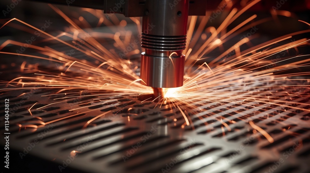 Aufkleber dramatic close up view of laser ignited sparks cascading and scattering across the gleaming precisel