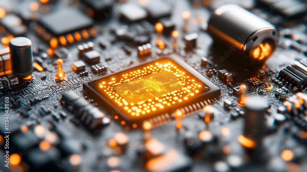 Poster close-up of illuminated microprocessor on circuit board.