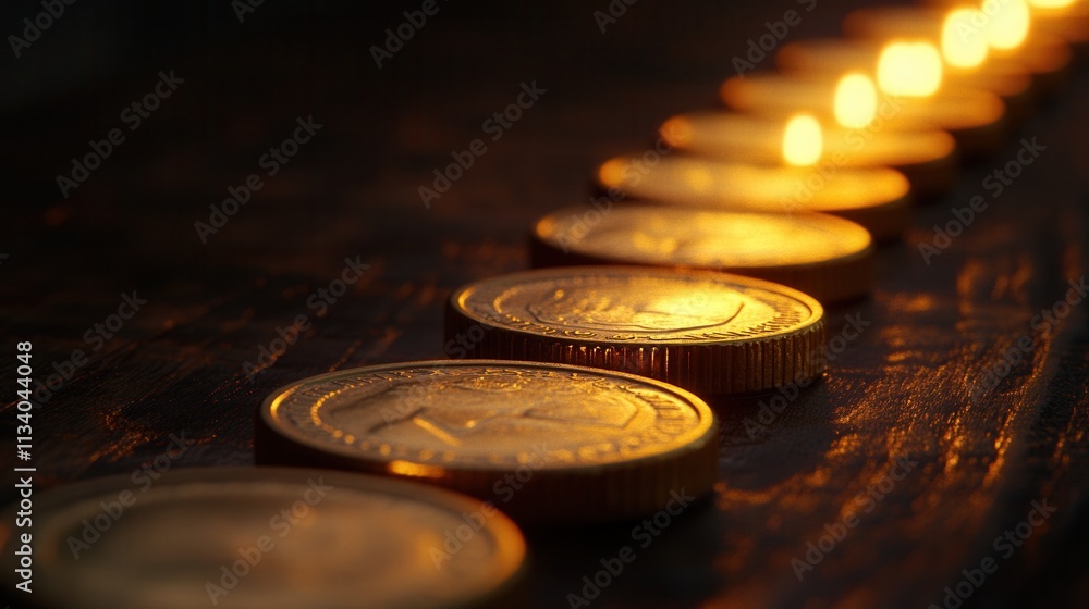 Poster golden coins displaying light reflections close-up view business concept in a dark environment