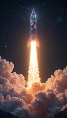 Fototapeta premium A holographic projection of a glowing rocket launching into space