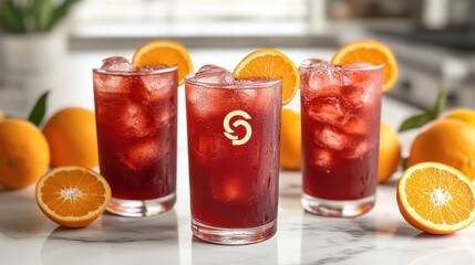 Fototapeta premium Three refreshing drinks with ice and orange slices on a marble surface.