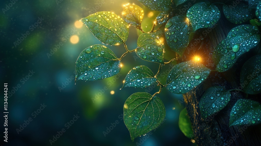 Poster close-up of leaves with droplets, illuminated by soft light, creating a serene atmosphere.